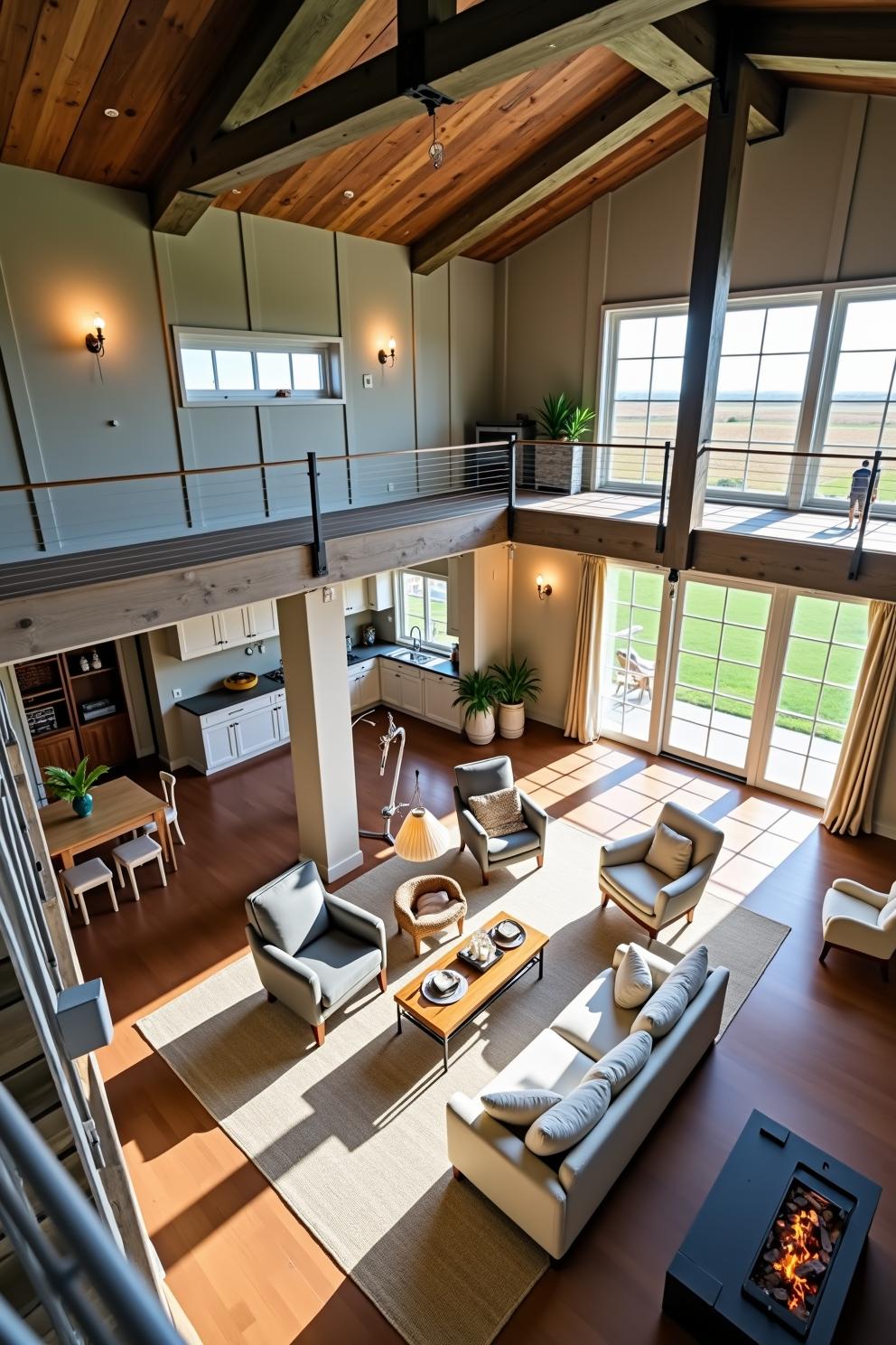 Living room with high ceilings, open mezzanine, and large windows