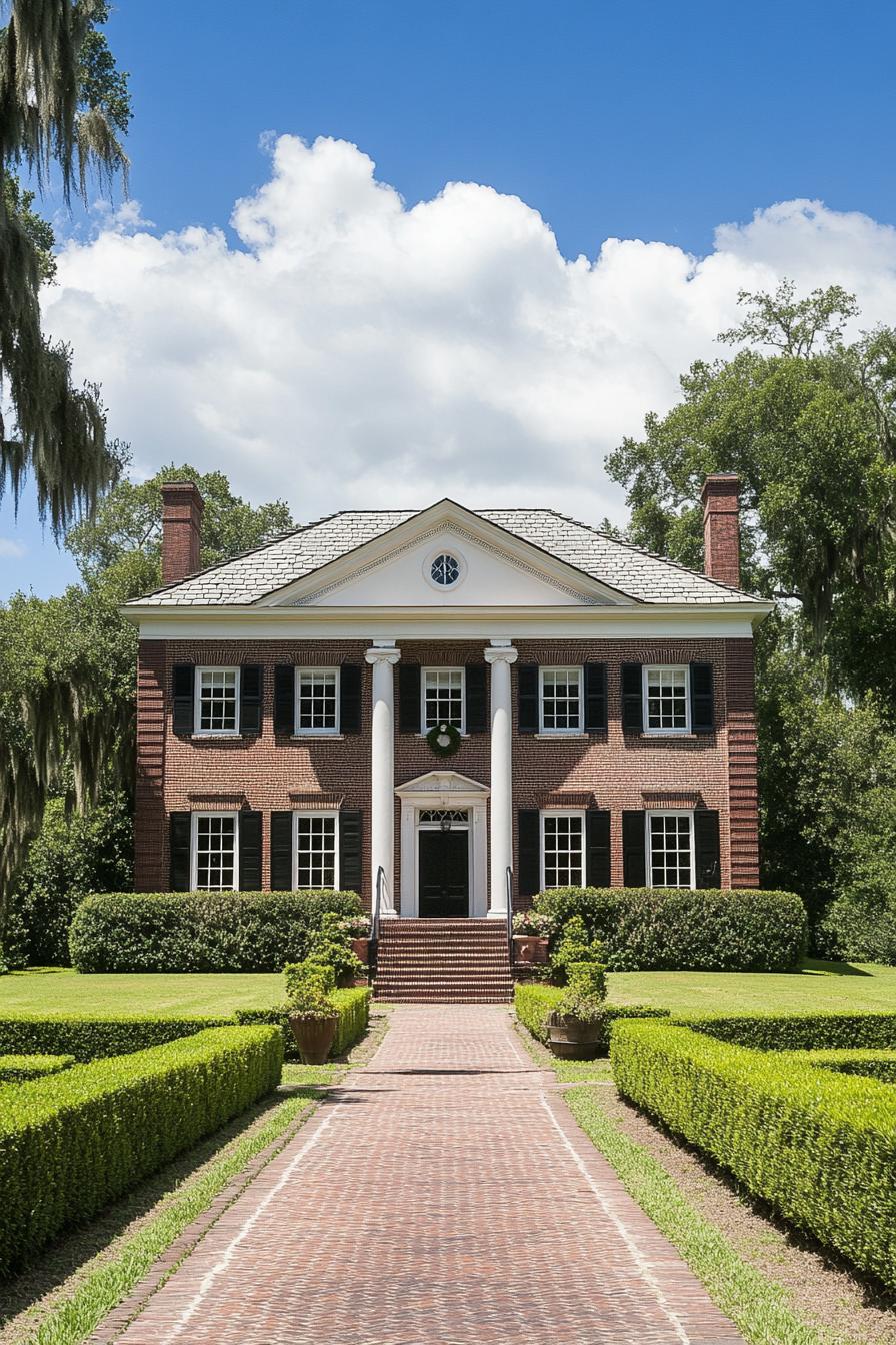 Red brick house with black shutters and white columns