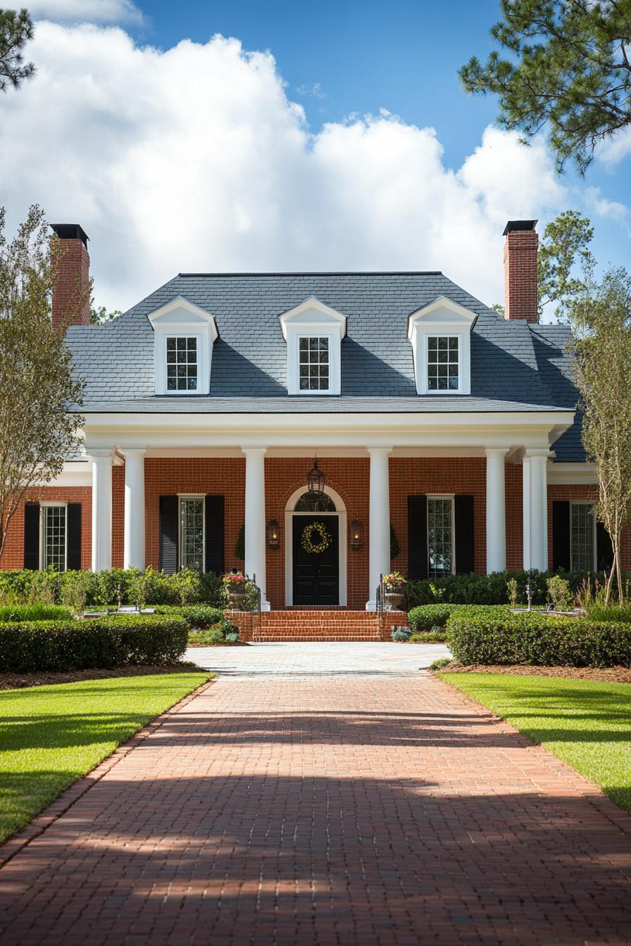 Brick colonial house with white columns and manicured greenery