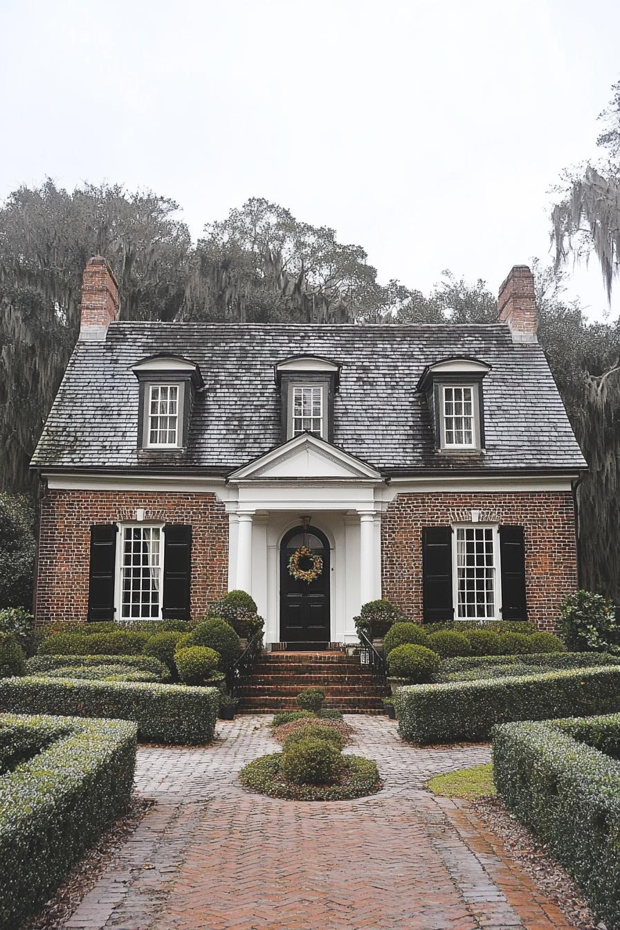 Classic brick house with black shutters and a welcoming wreath