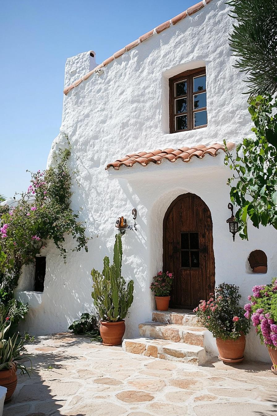 Whitewashed bungalow with terracotta roof and lush plants