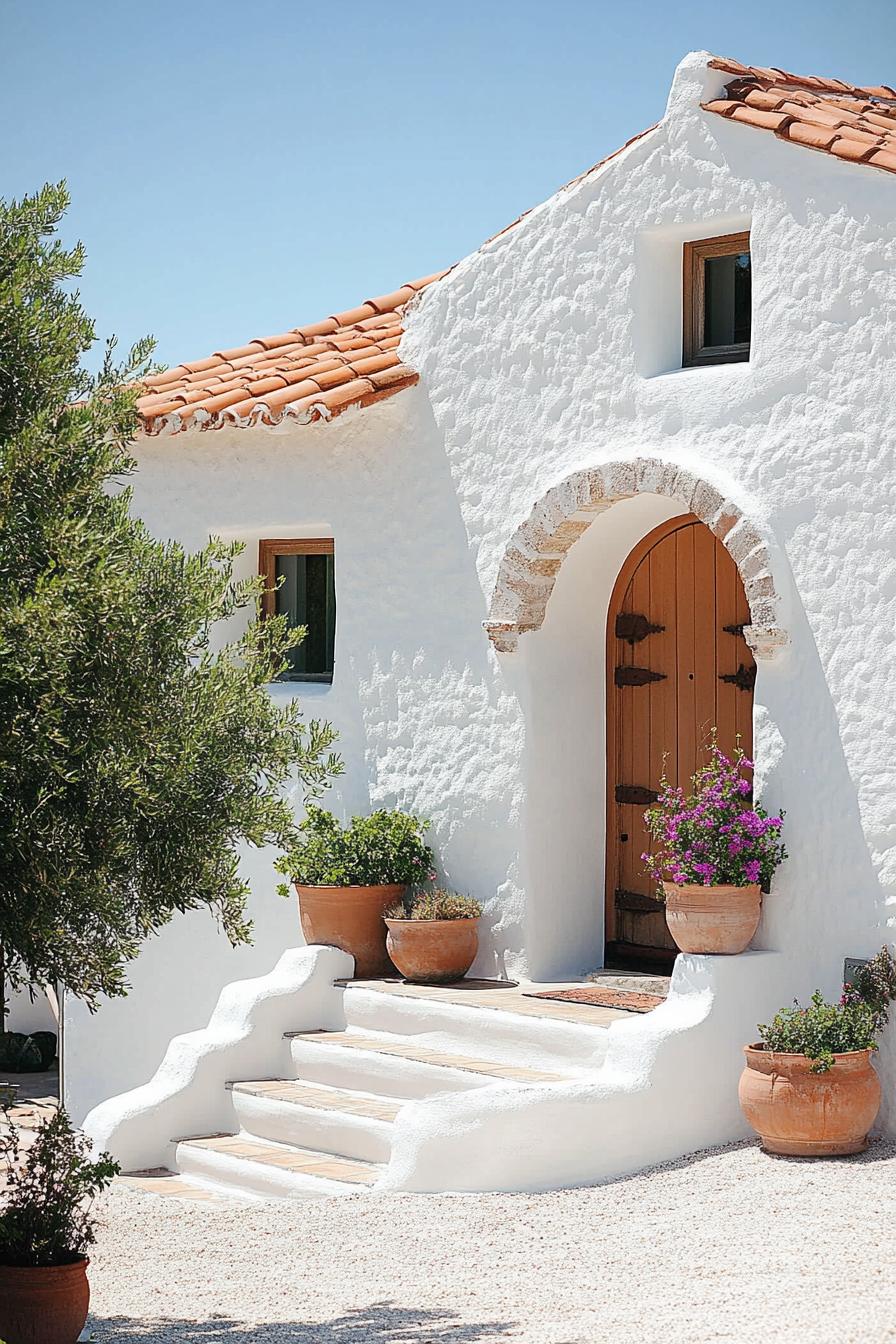 Whitewashed bungalow with terracotta roof and potted plants