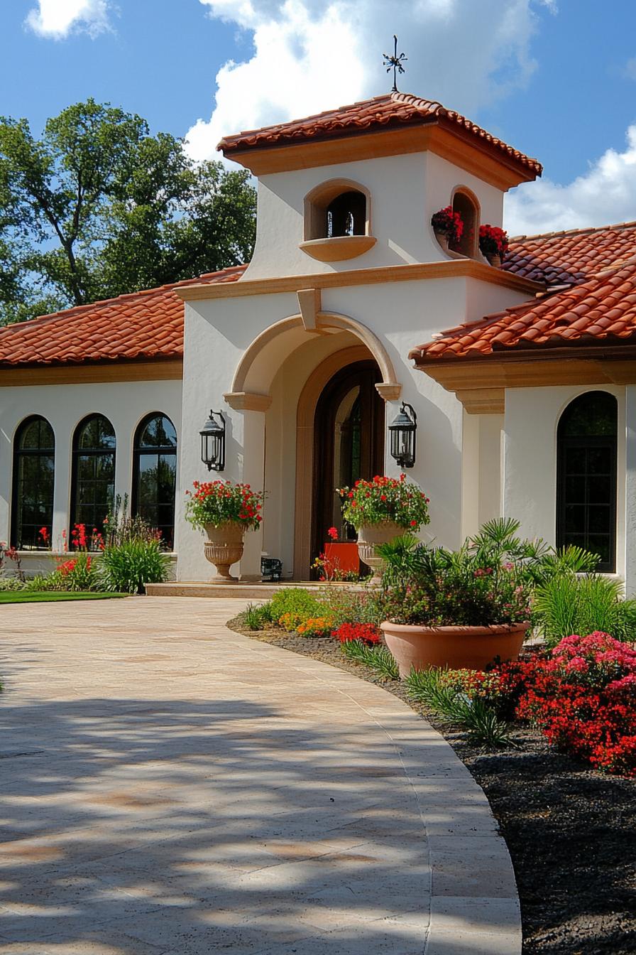 Modern bungalow entrance with vibrant garden