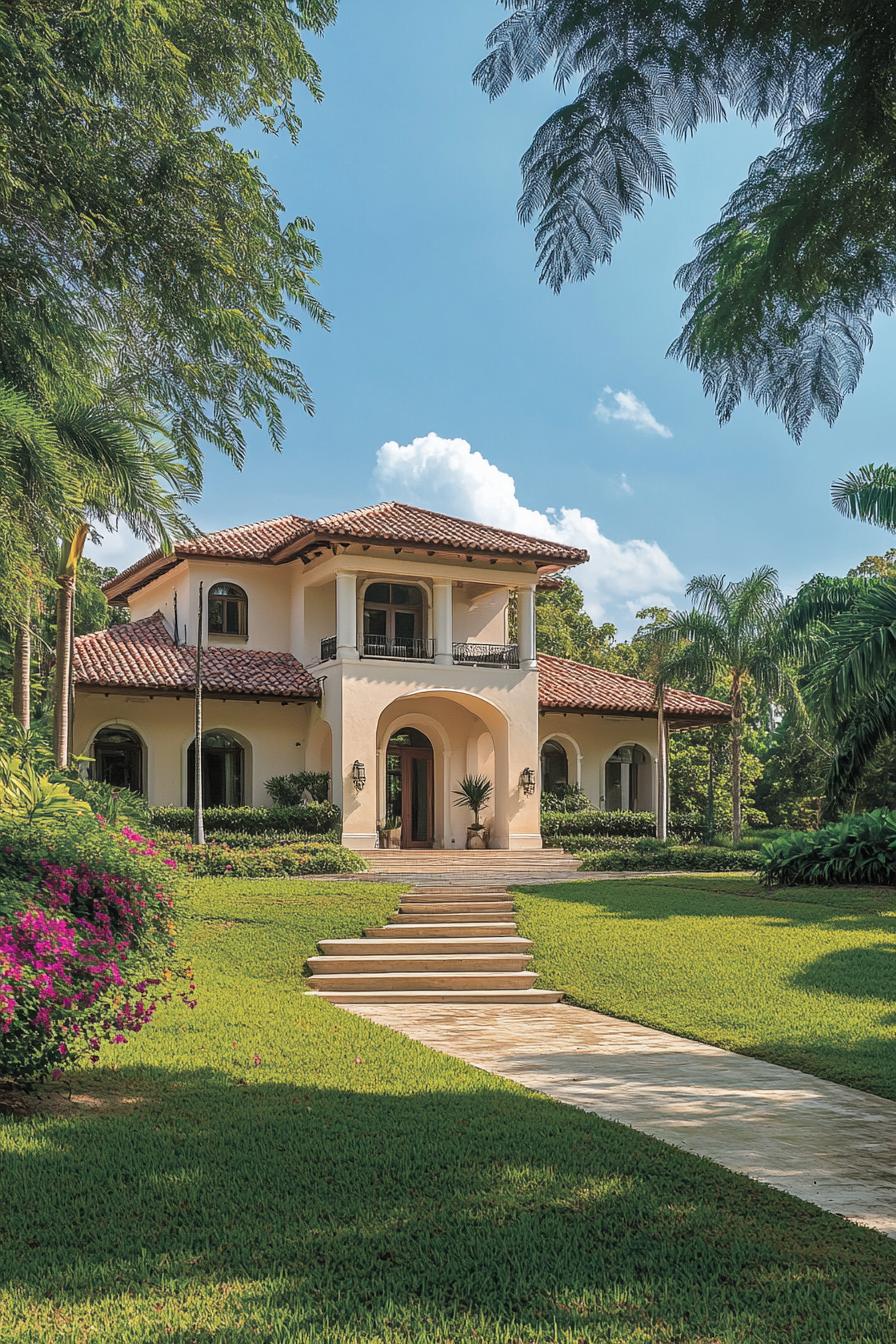 Elegant colonial-style house with terracotta roof nestled in lush greenery