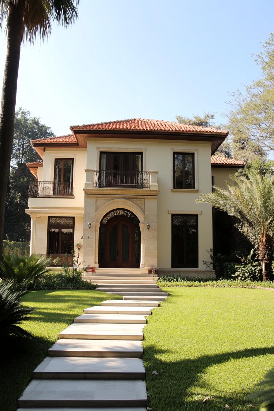 Colonial house with red-tiled roof and lush garden