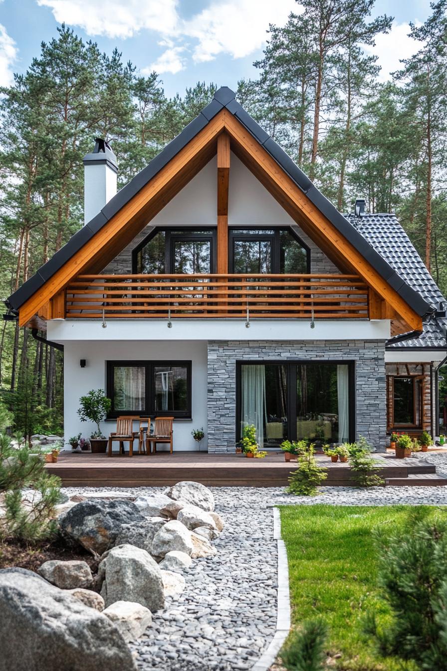 Modern A-frame house with wooden accents and stone facade