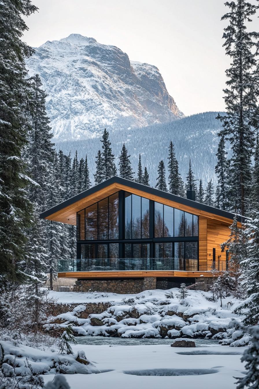 A sleek cabin surrounded by snowy trees and mountains