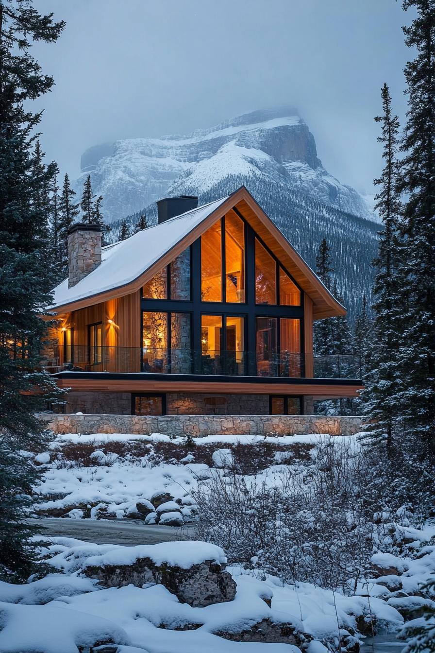 A-frame cabin with large windows by snowy mountains