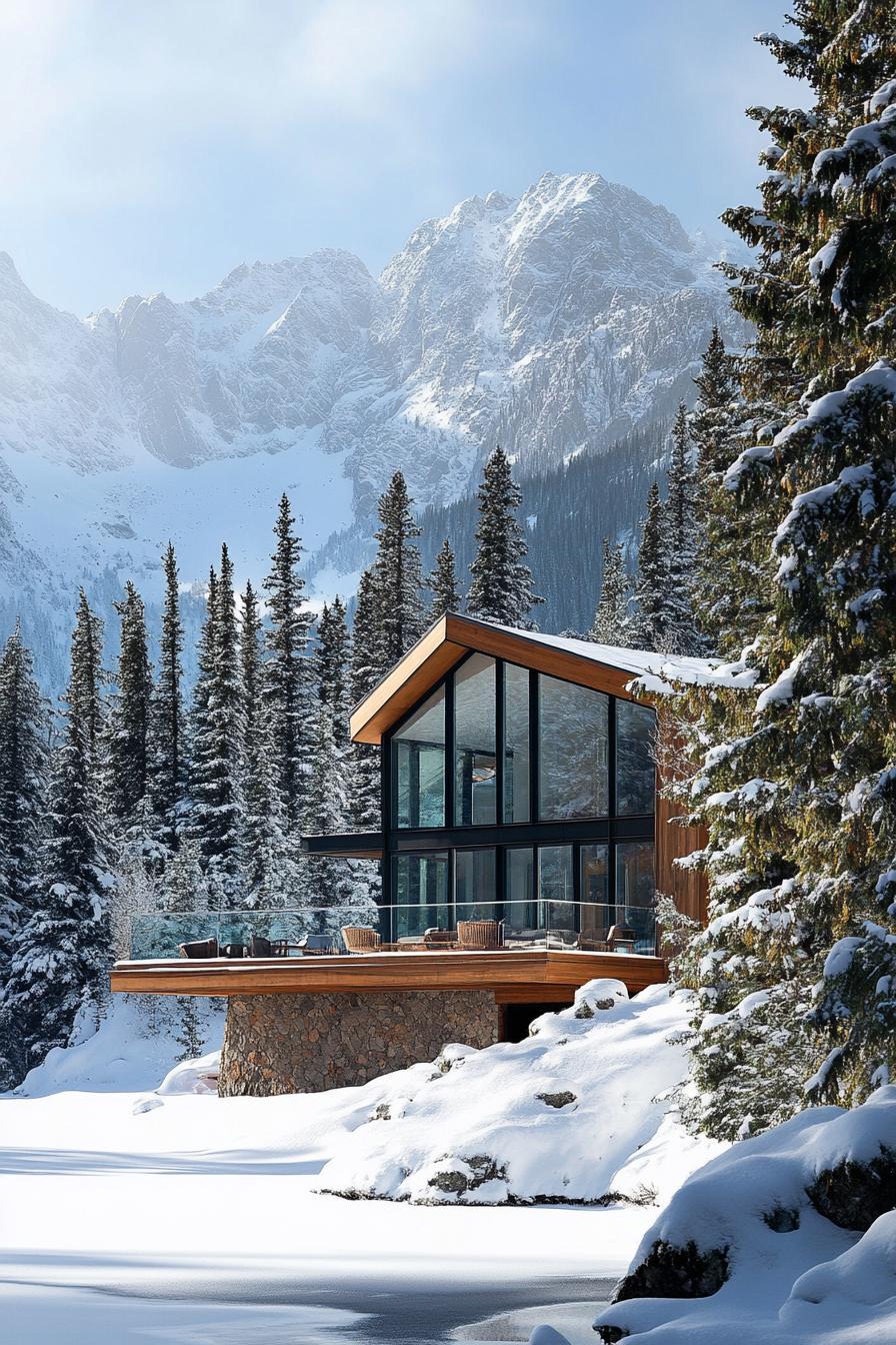 Modern glass cabin nestled in snowy mountains