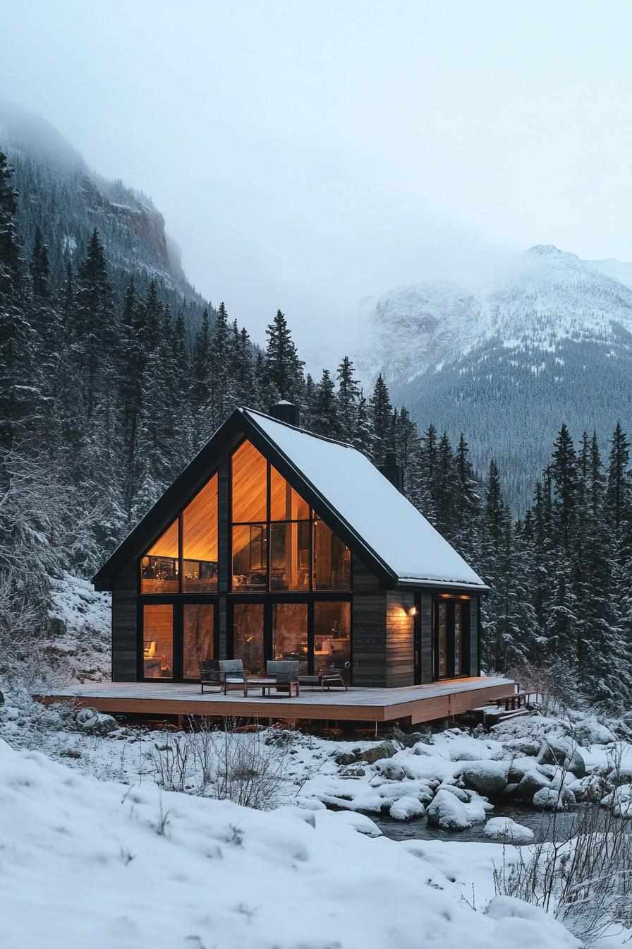 Cozy cabin surrounded by snowy forest and mountains