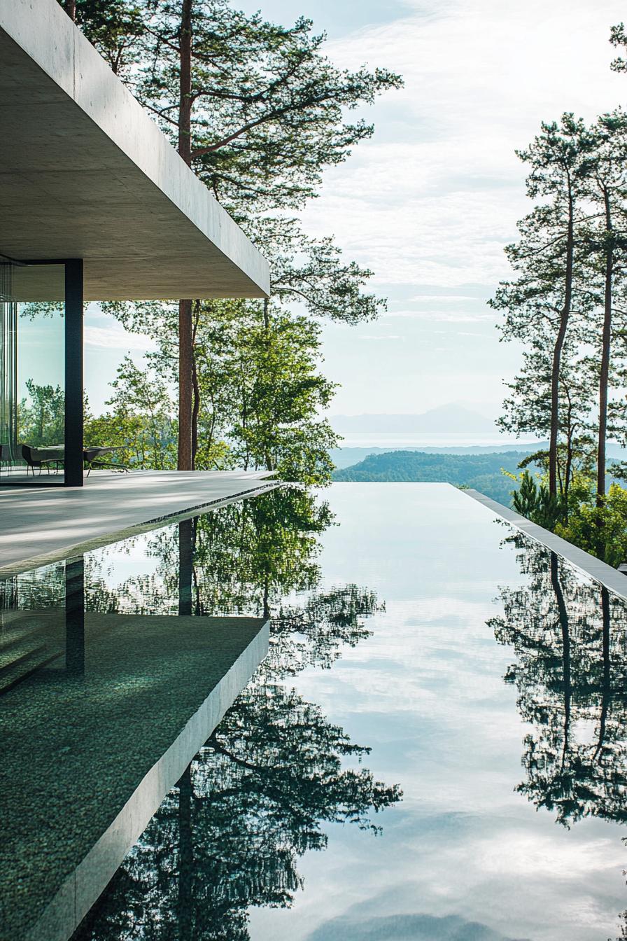 Modern villa by a reflective infinity pool amidst tall trees