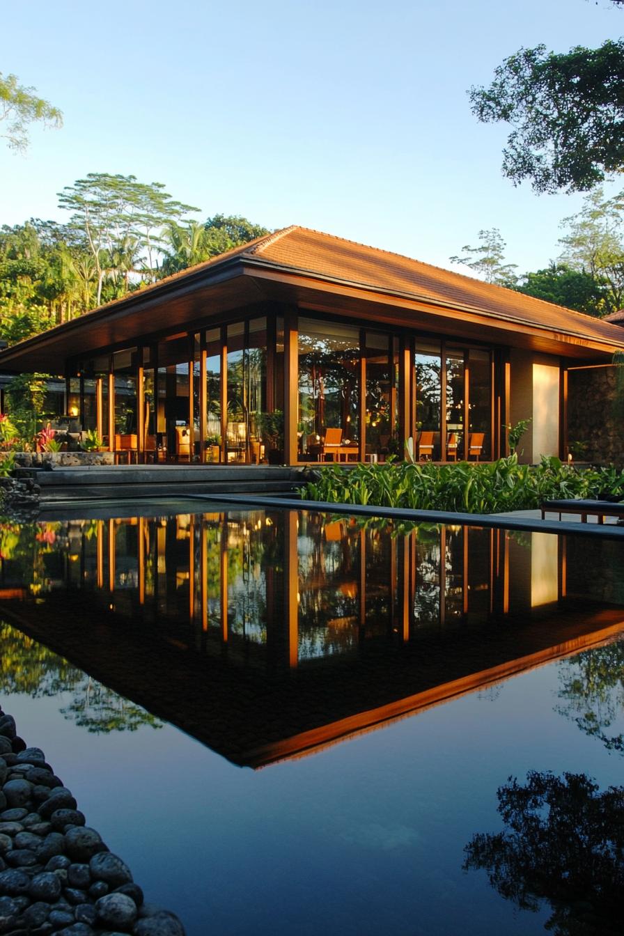 Tropical villa with large glass windows and lush surroundings