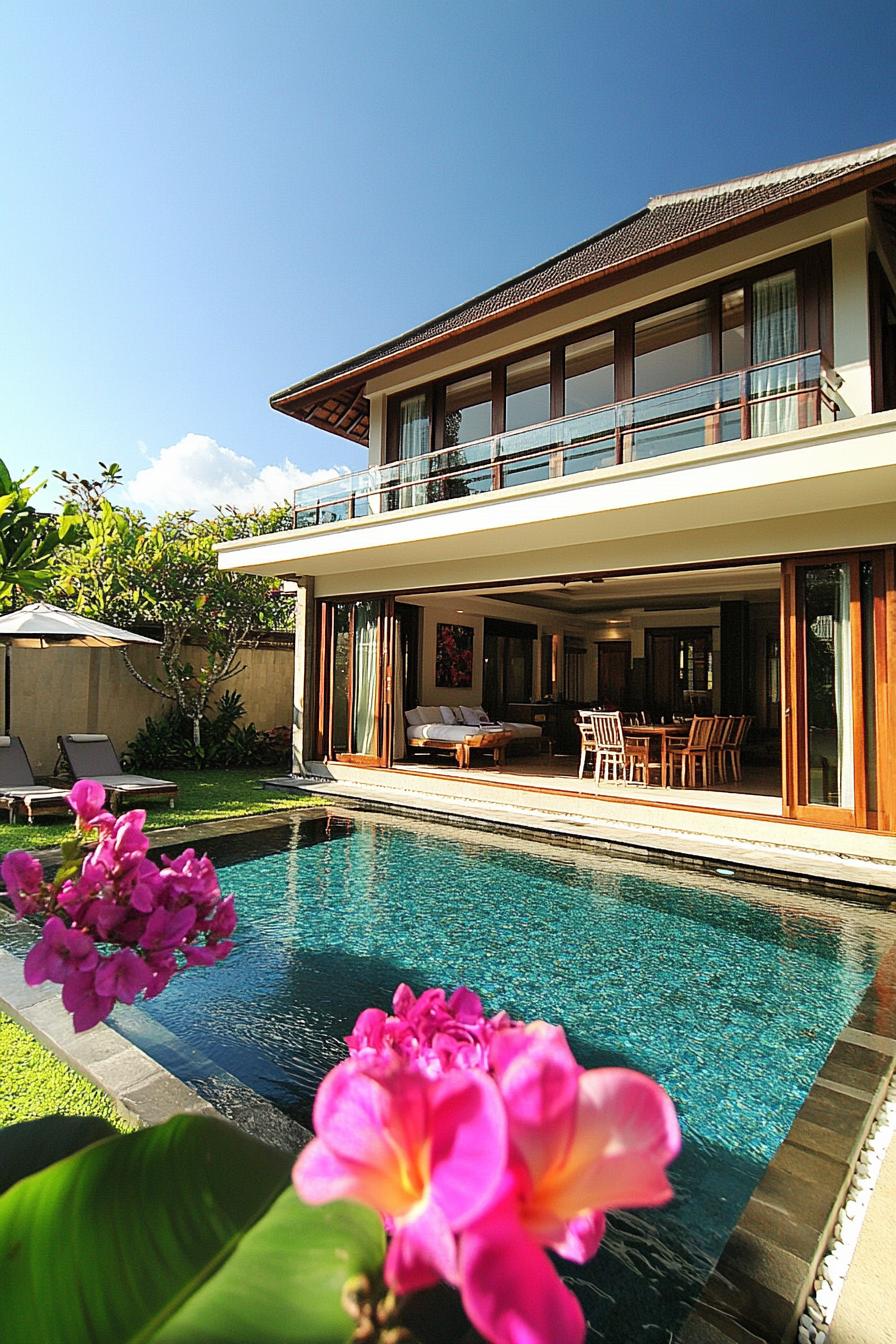 Luxury villa with pool and tropical flowers