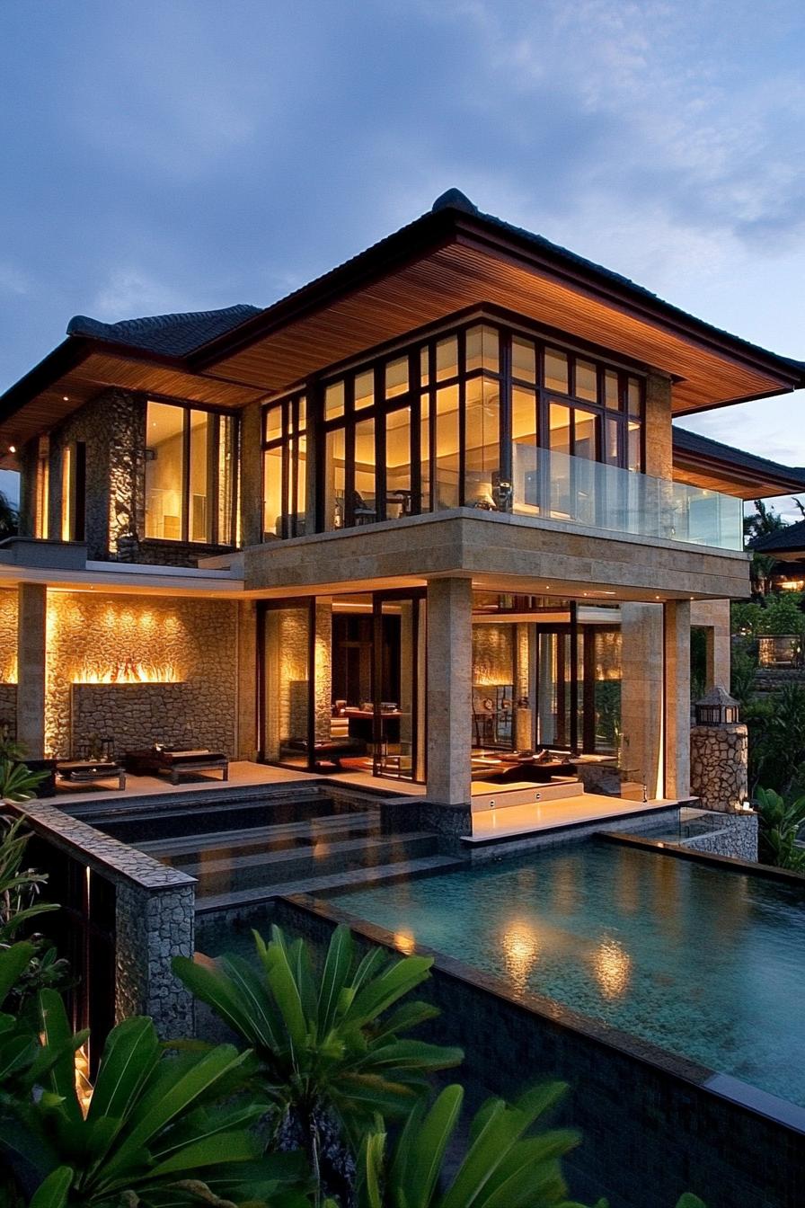 Luxurious Balinese house overlooking a serene pool at dusk