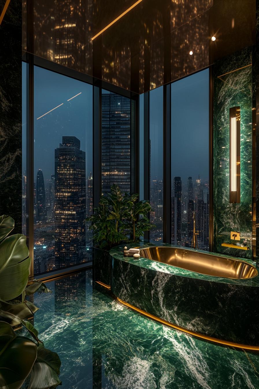 Luxurious bathroom with a city skyline view