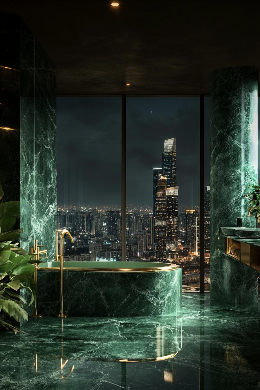 luxurious bathroom with an opulent contemporary aesthetic. The room features dark green marble walls and floors exuding elegance and sophistication