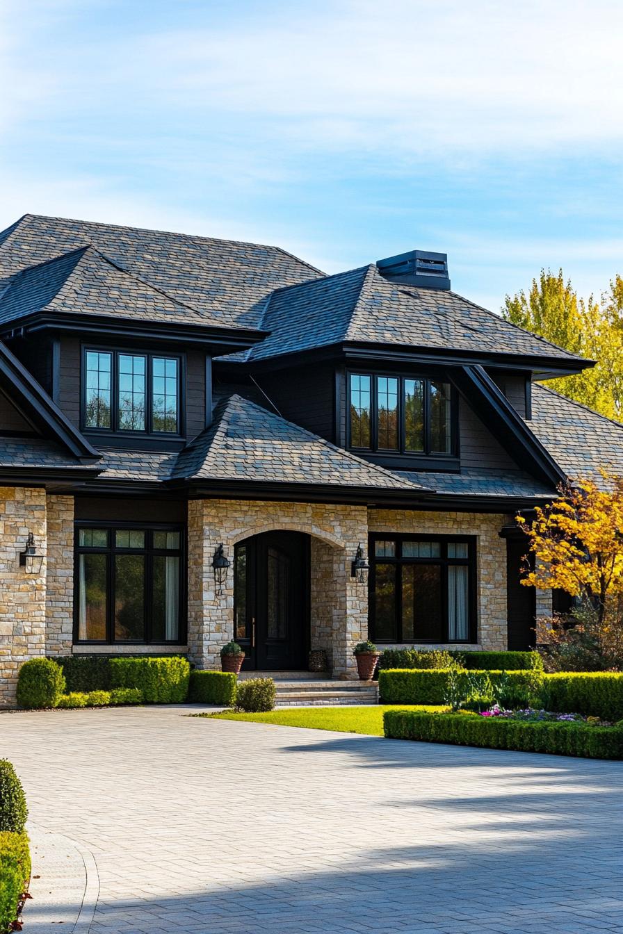 Modern house with stone facade and lush landscaping