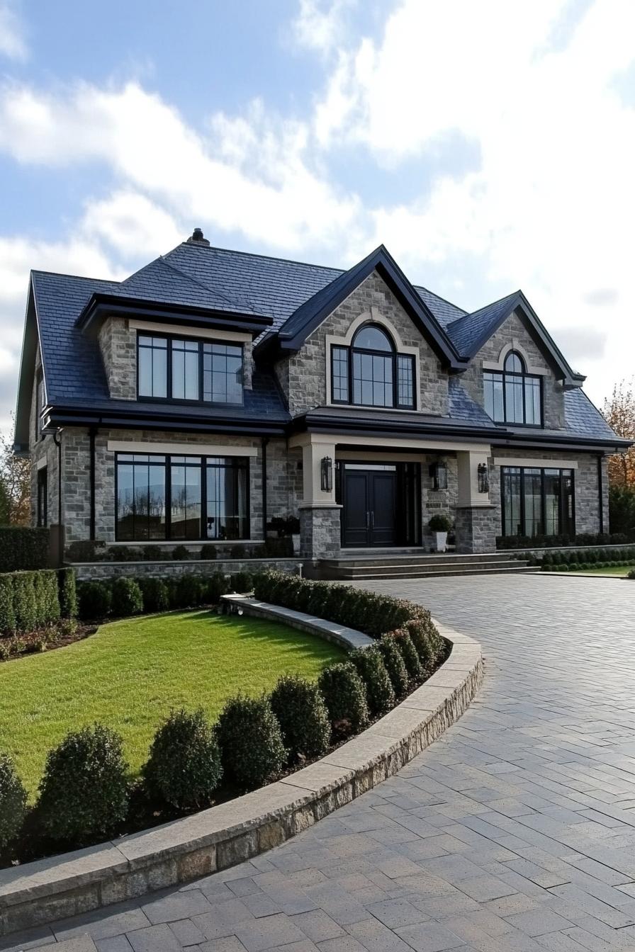 Modern house with stone facade, lush lawn, and arched windows