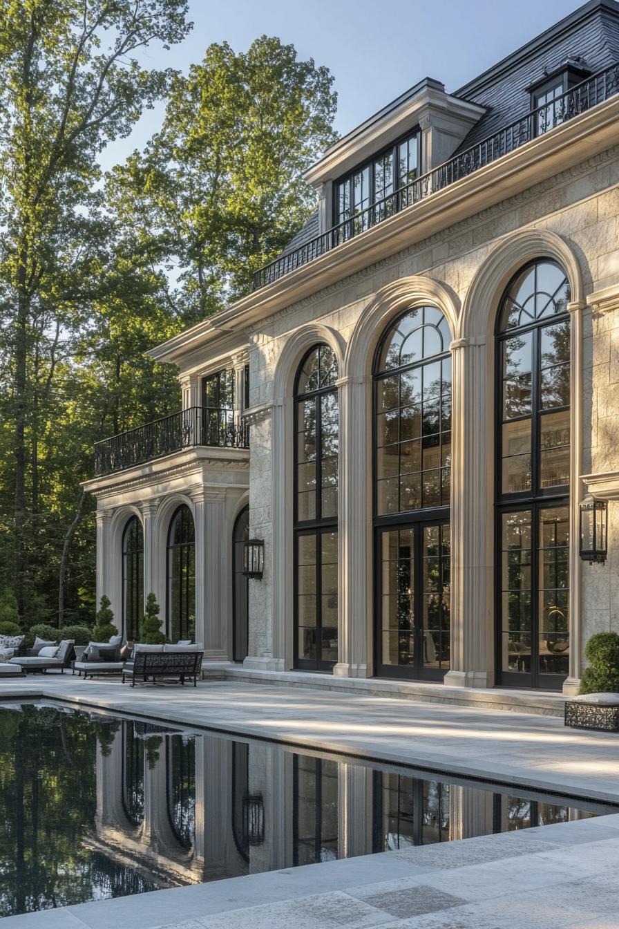 Luxurious stone mansion with tall arched windows