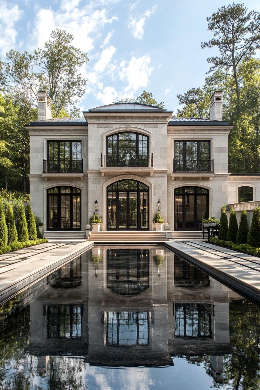 Elegant manor reflecting in a serene pool