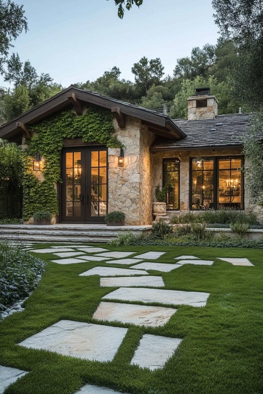 Charming stone cottage with lush ivy and geometric path