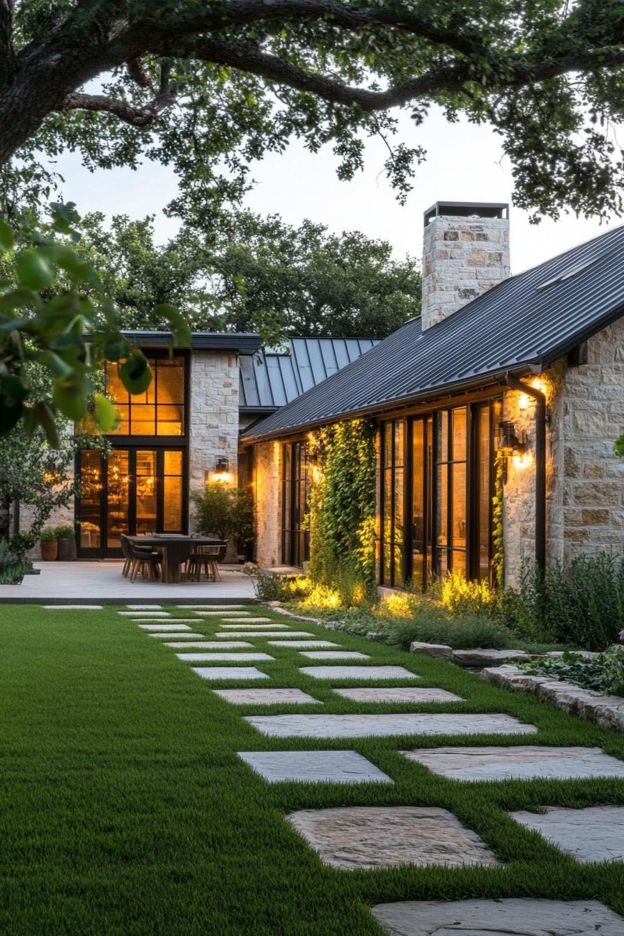 Cozy stone house with lush garden path