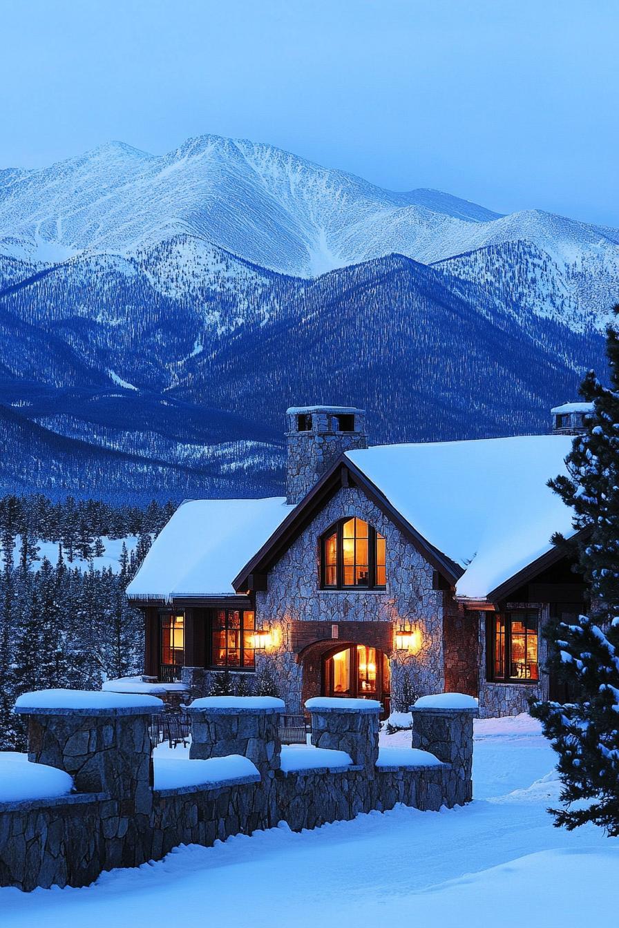 Charming stone house nestled in snowy mountains