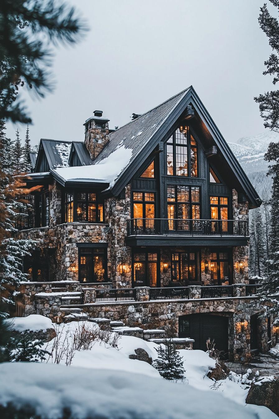 Snow-covered house amidst pine trees