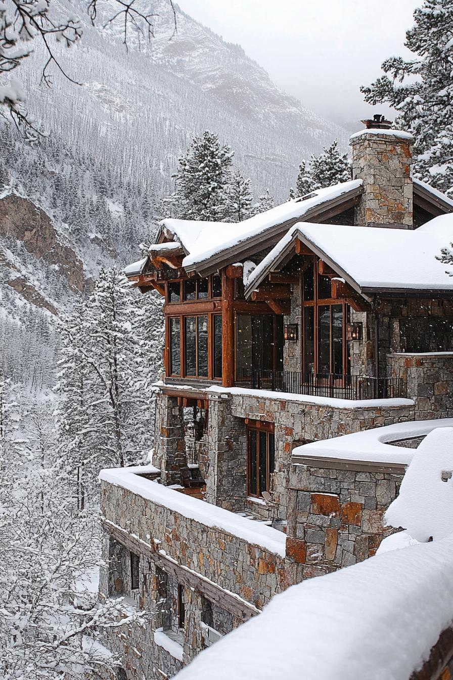 mountain house combines a grand lodge aesthetic with a facade of stone and dark wood timbers. Expansive windows framed by exposed beams dominate the 3