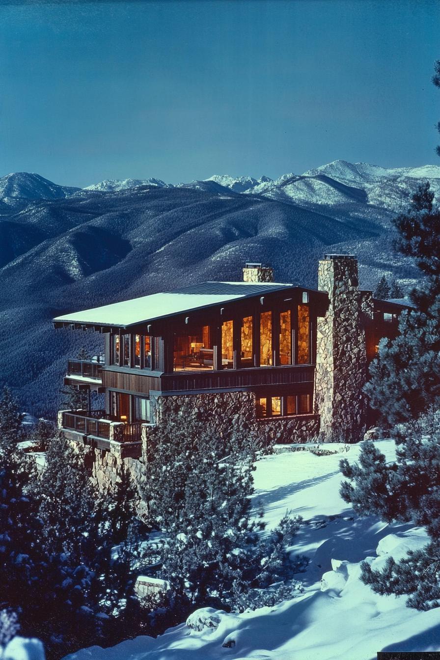 Modern home with stone accents in a snowy mountainous setting