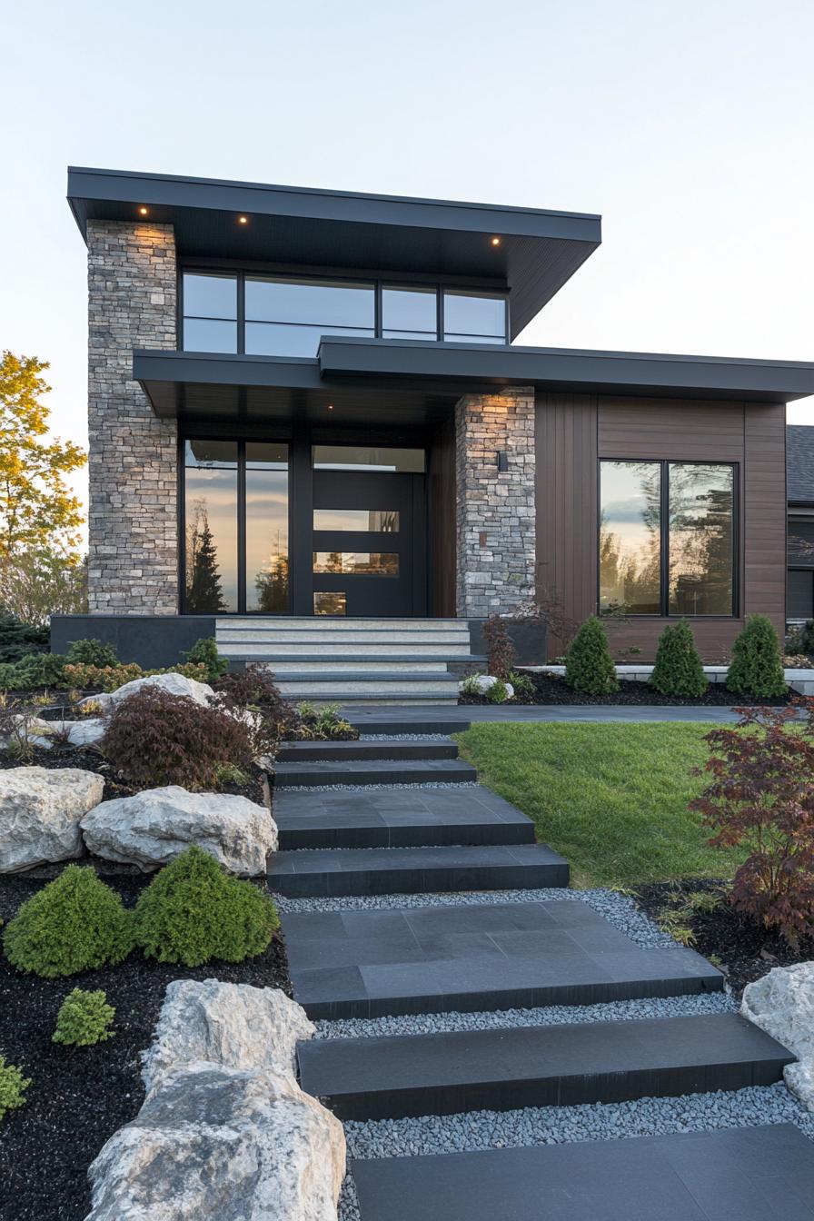 Modern house exterior with steps and stone accents