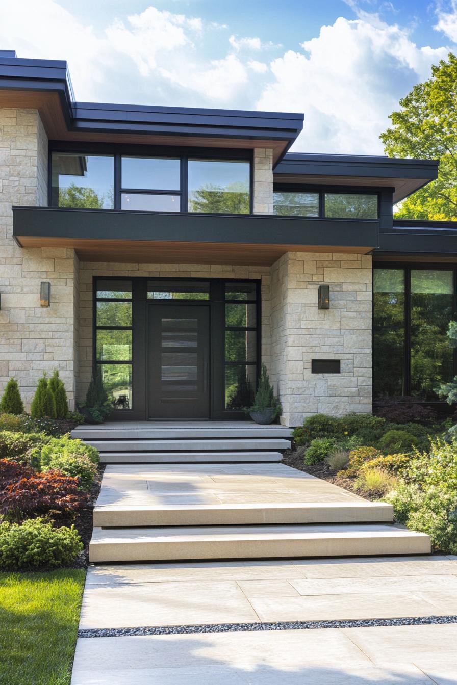 Modern house with stone facade and sleek black accents