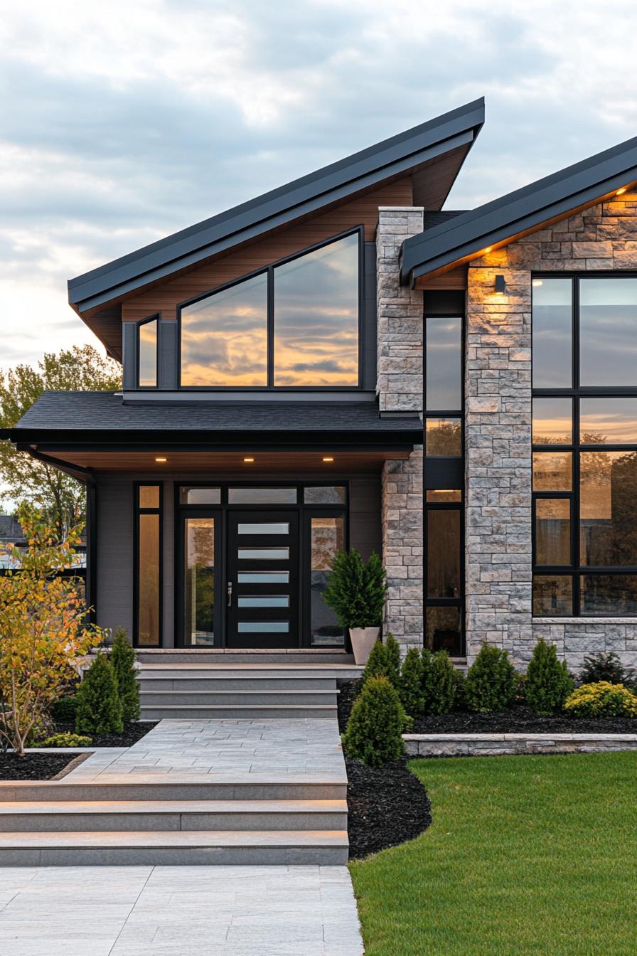 Modern house with large windows and stone exterior