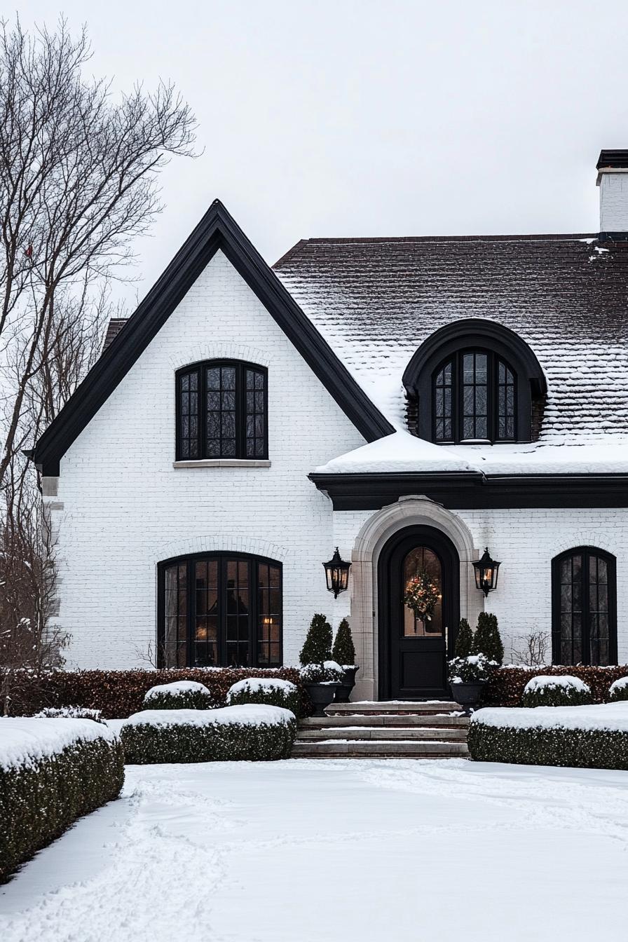 Cozy house with gothic windows and a snow-covered yard