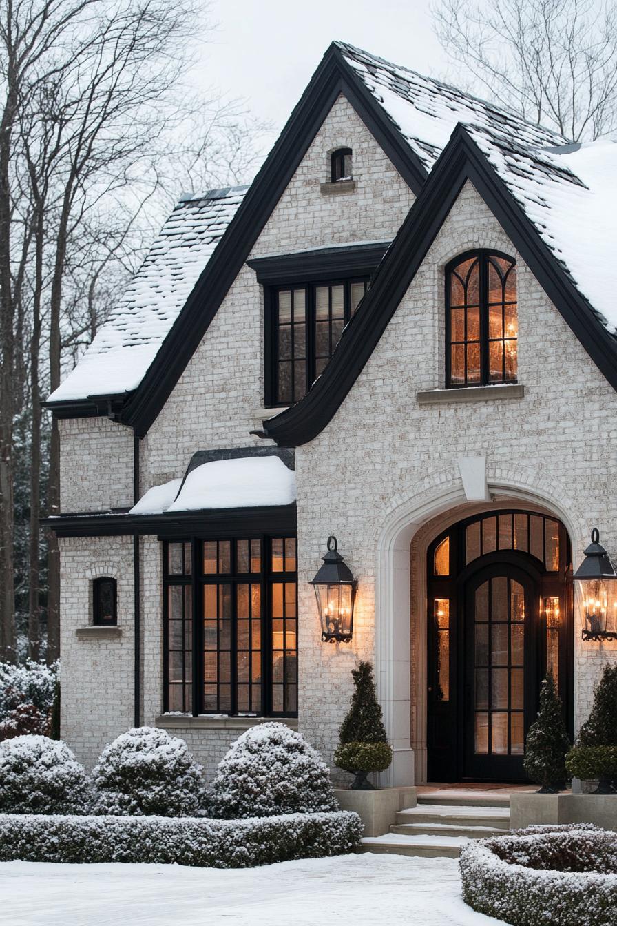 Charming snow-covered brick house with black accents