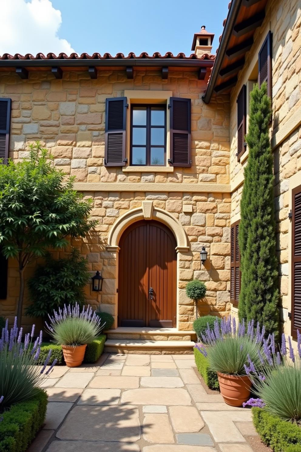 Charming Tuscan house facade with lavender and stone path