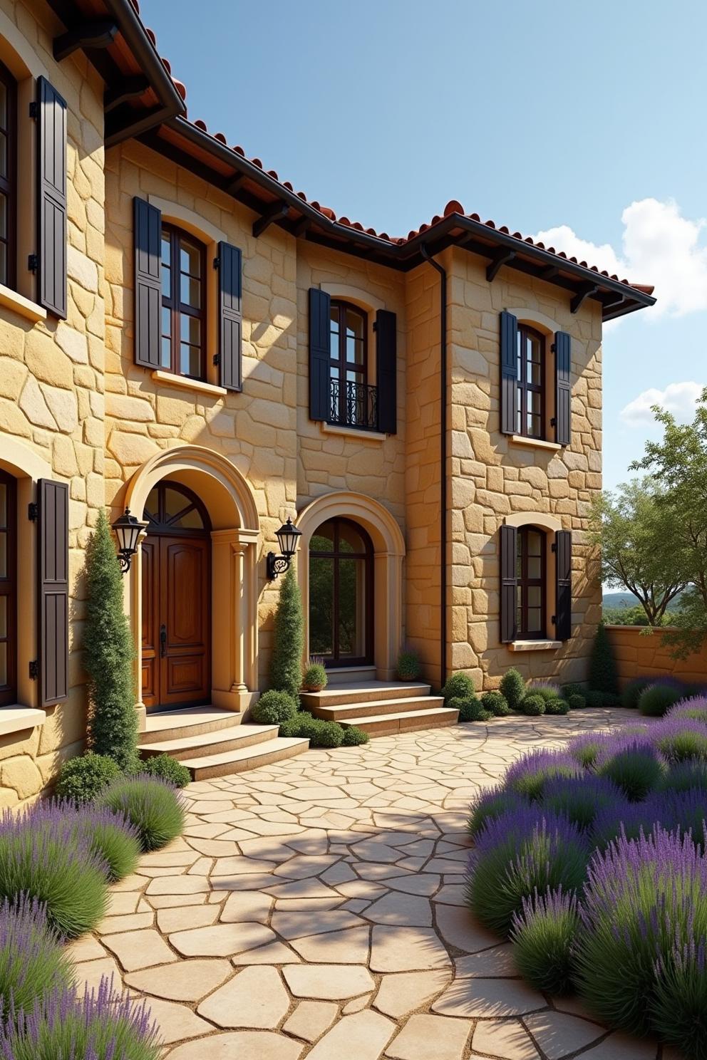 Beautiful Tuscan villa with arched doorways and lavender-filled path