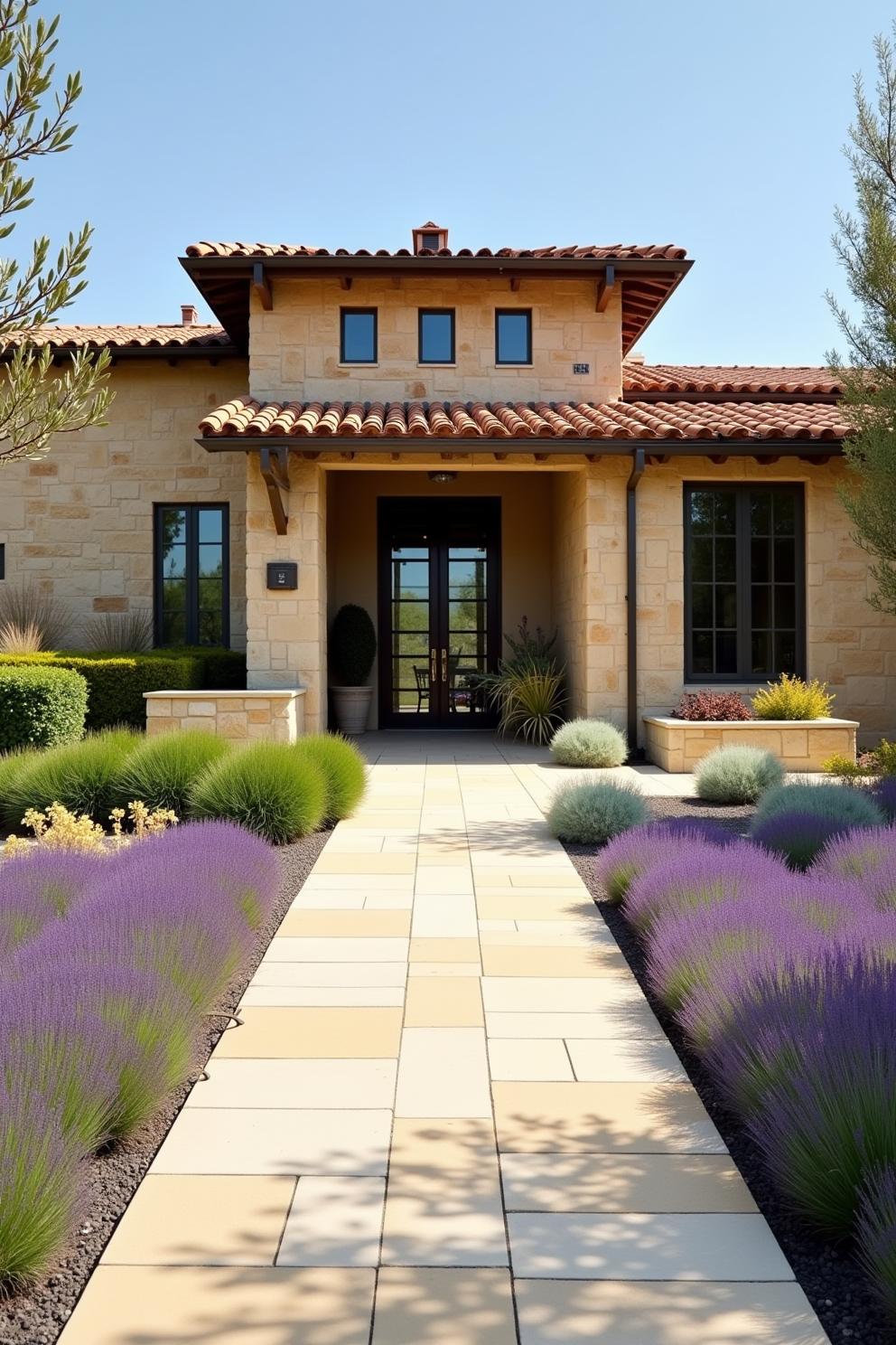 Stone villa facade with a lavender-lined walkway