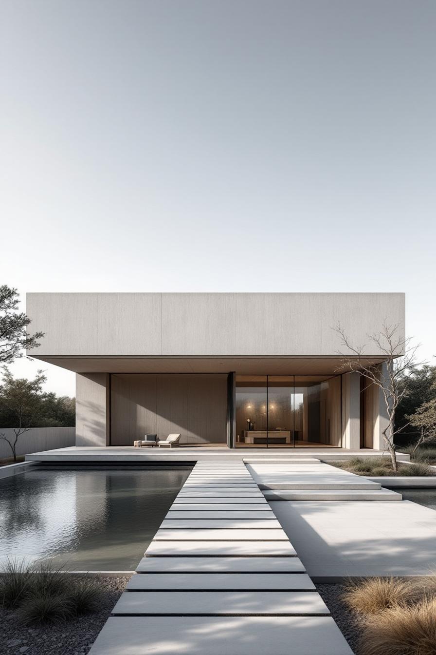 Minimalist concrete house with a pool and patio