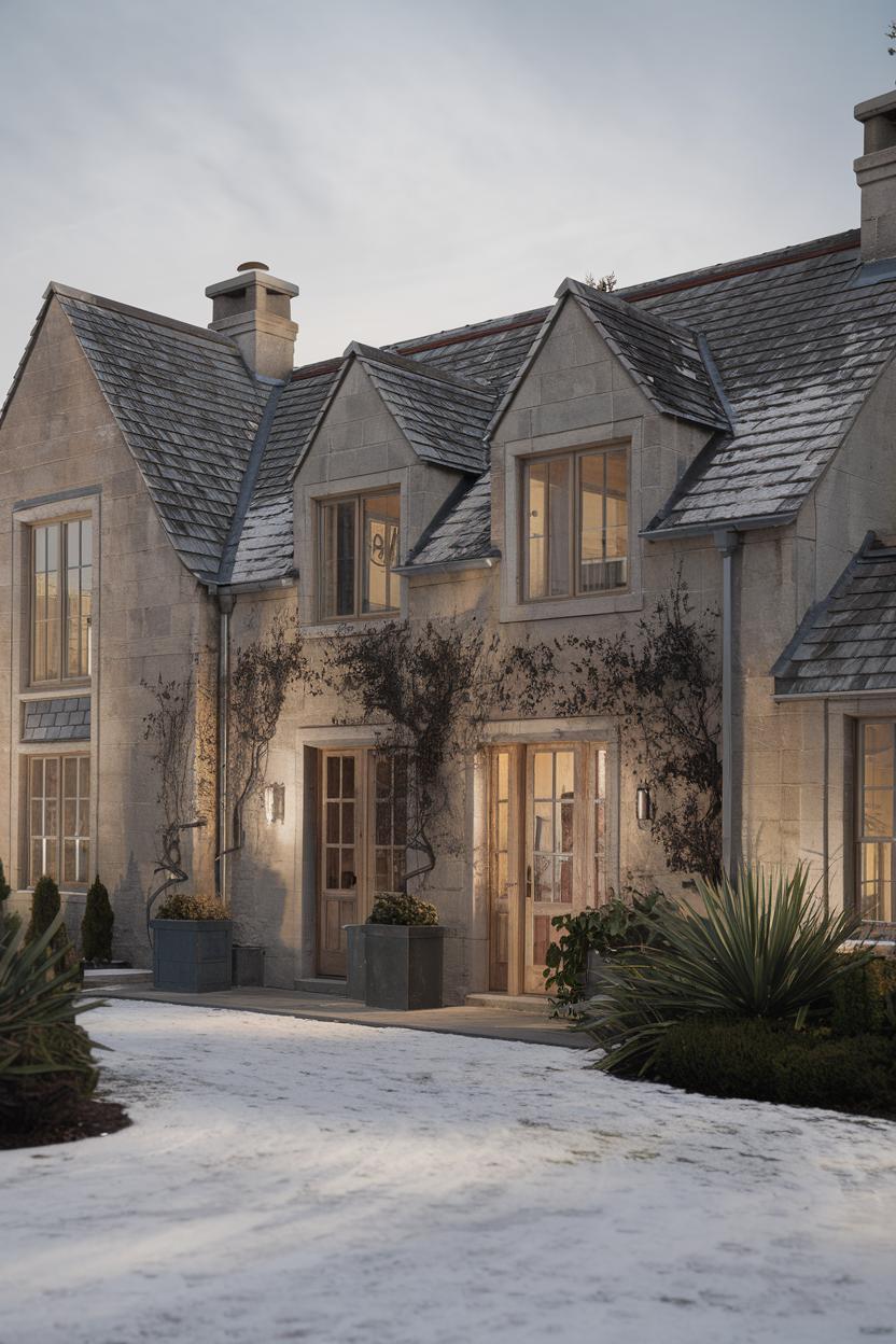 Charming cottage with stone walls and snow-covered roof