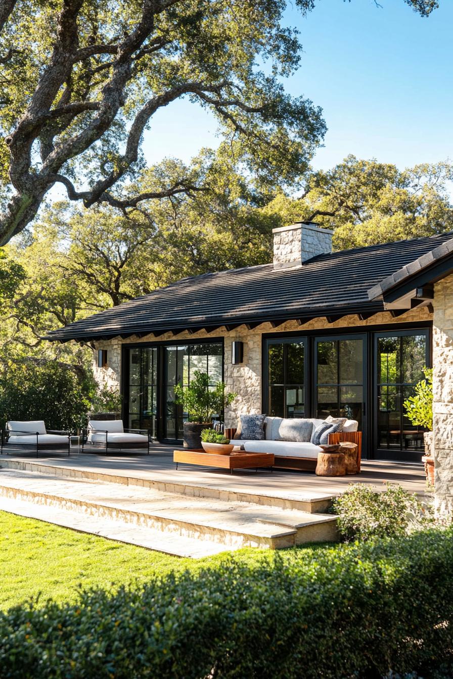 Modern brick house with large patio and lush trees