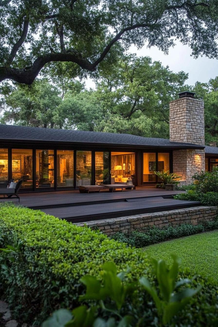 Cozy brick house with large windows and a lush garden