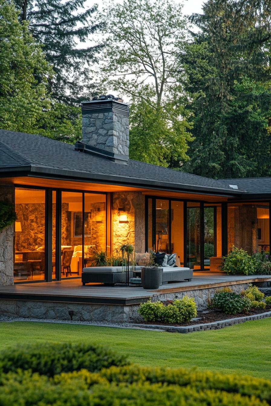 Brick ranch house with stone chimney and lush garden