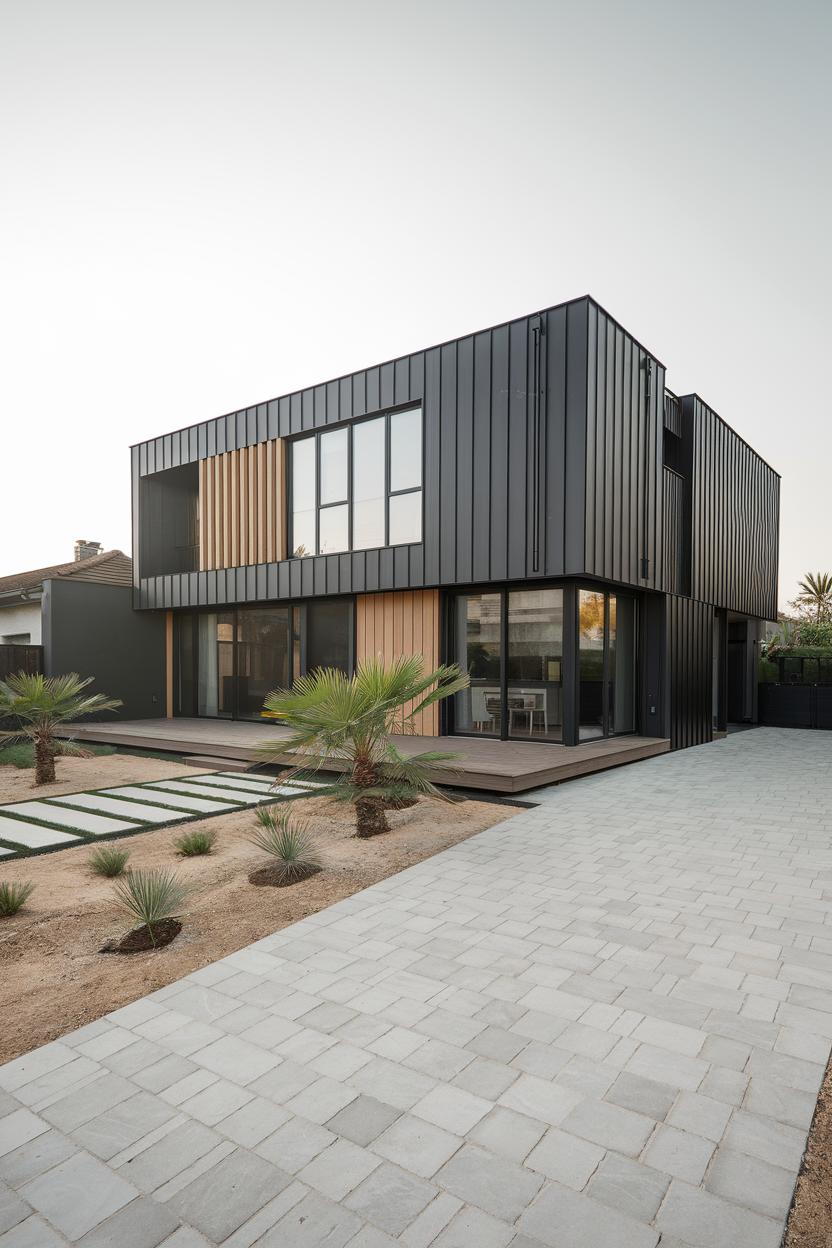 Black modern house with angular design and desert landscaping