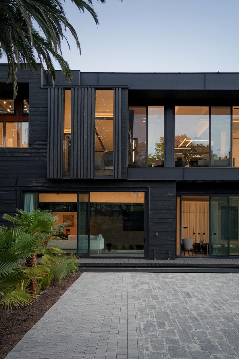 Black modern house with large windows and a sleek design