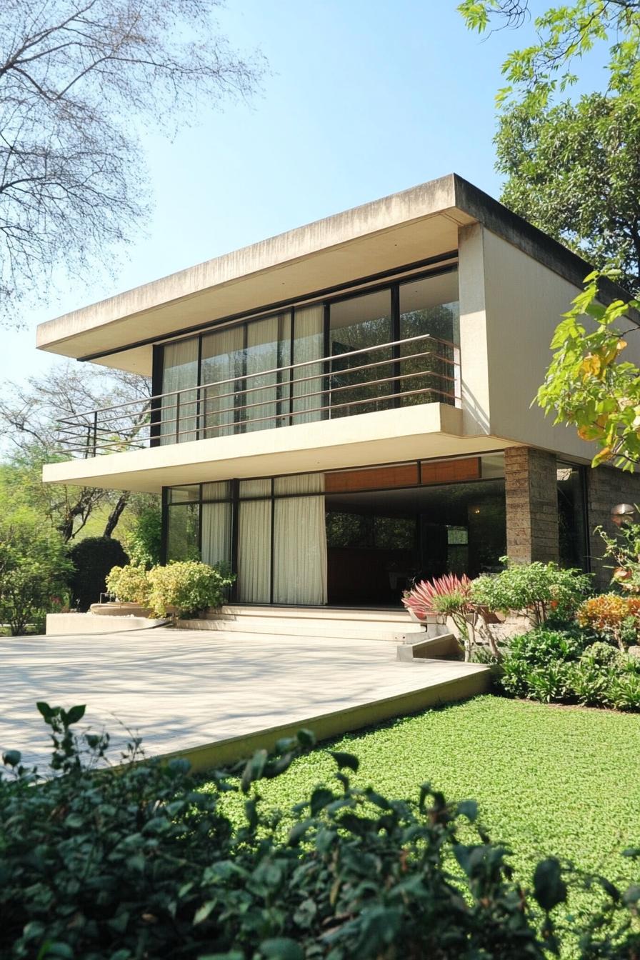 Modern two-story house with large windows and a terrace, surrounded by lush greenery