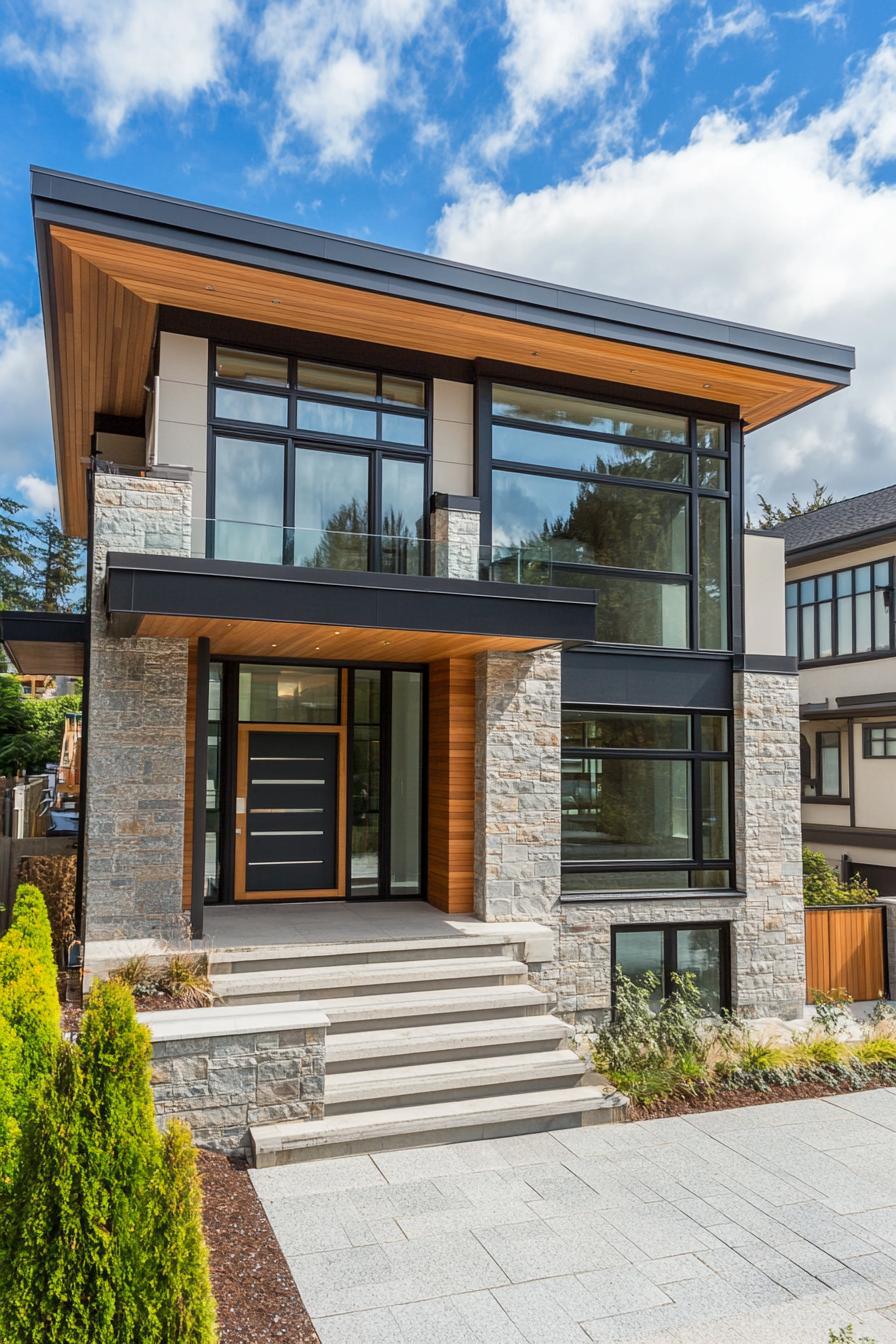 Modern house with stone facade and large glass windows