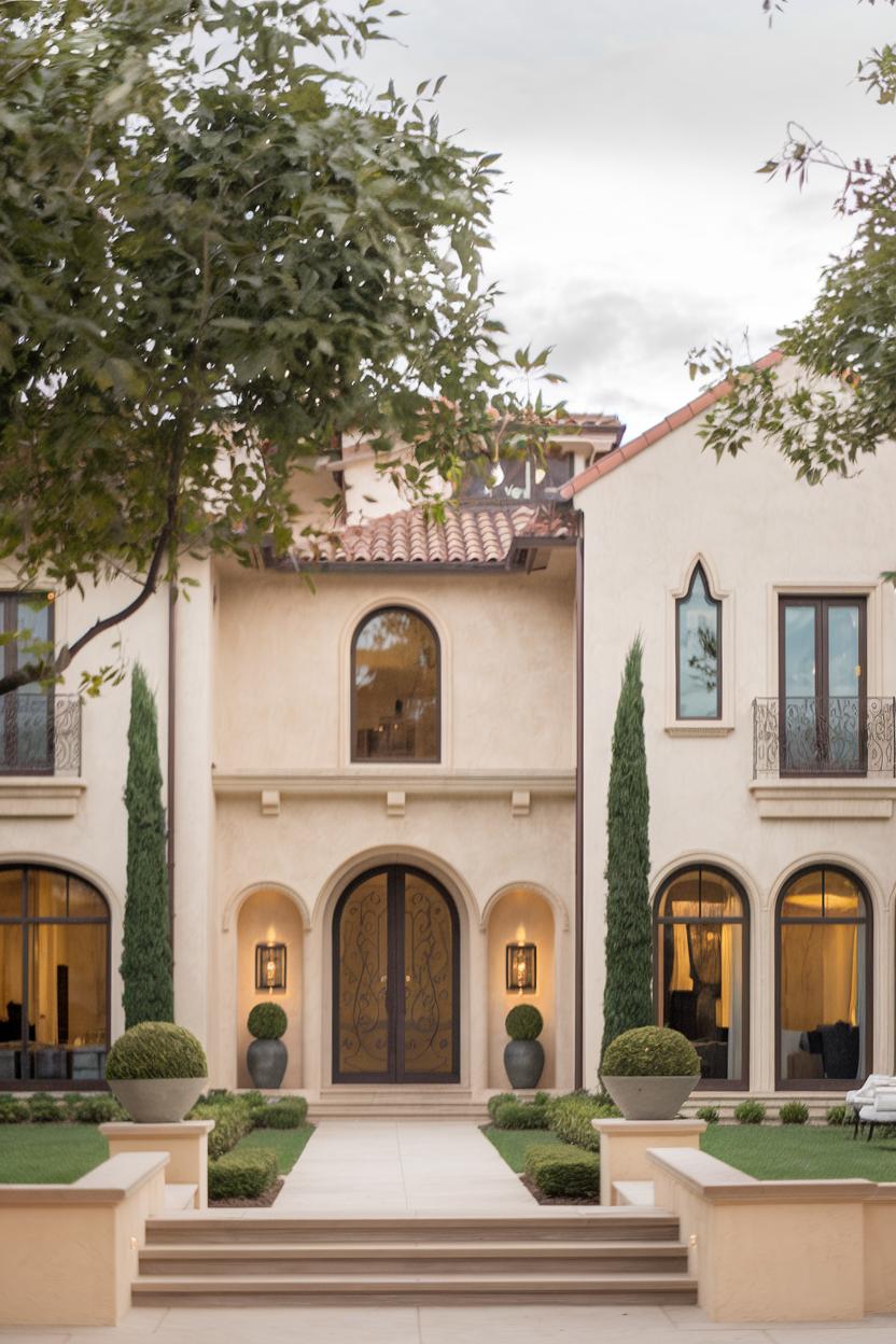 Elegant villa exterior with arches and manicured garden