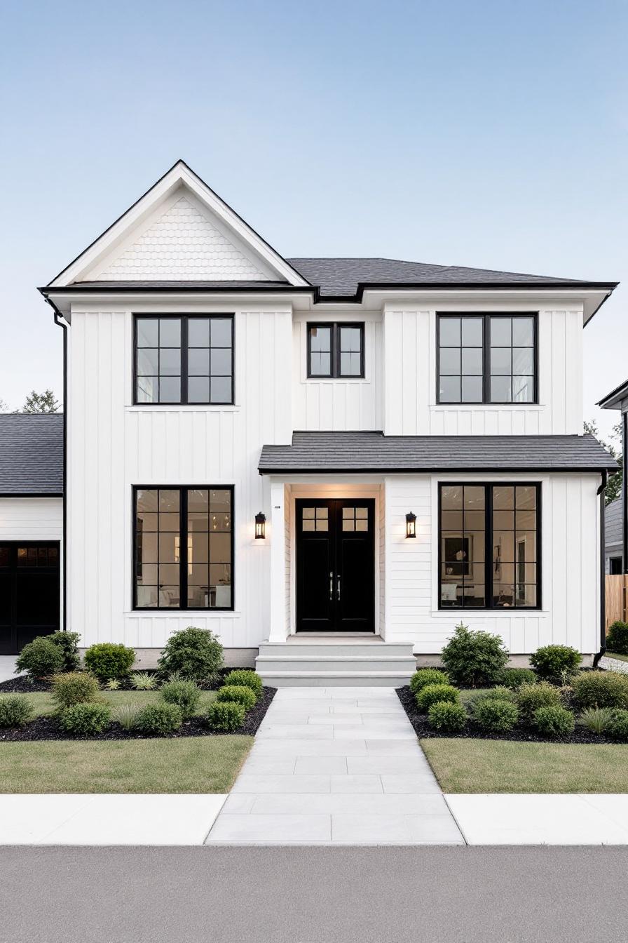 White suburban house with black windows and a manicured lawn