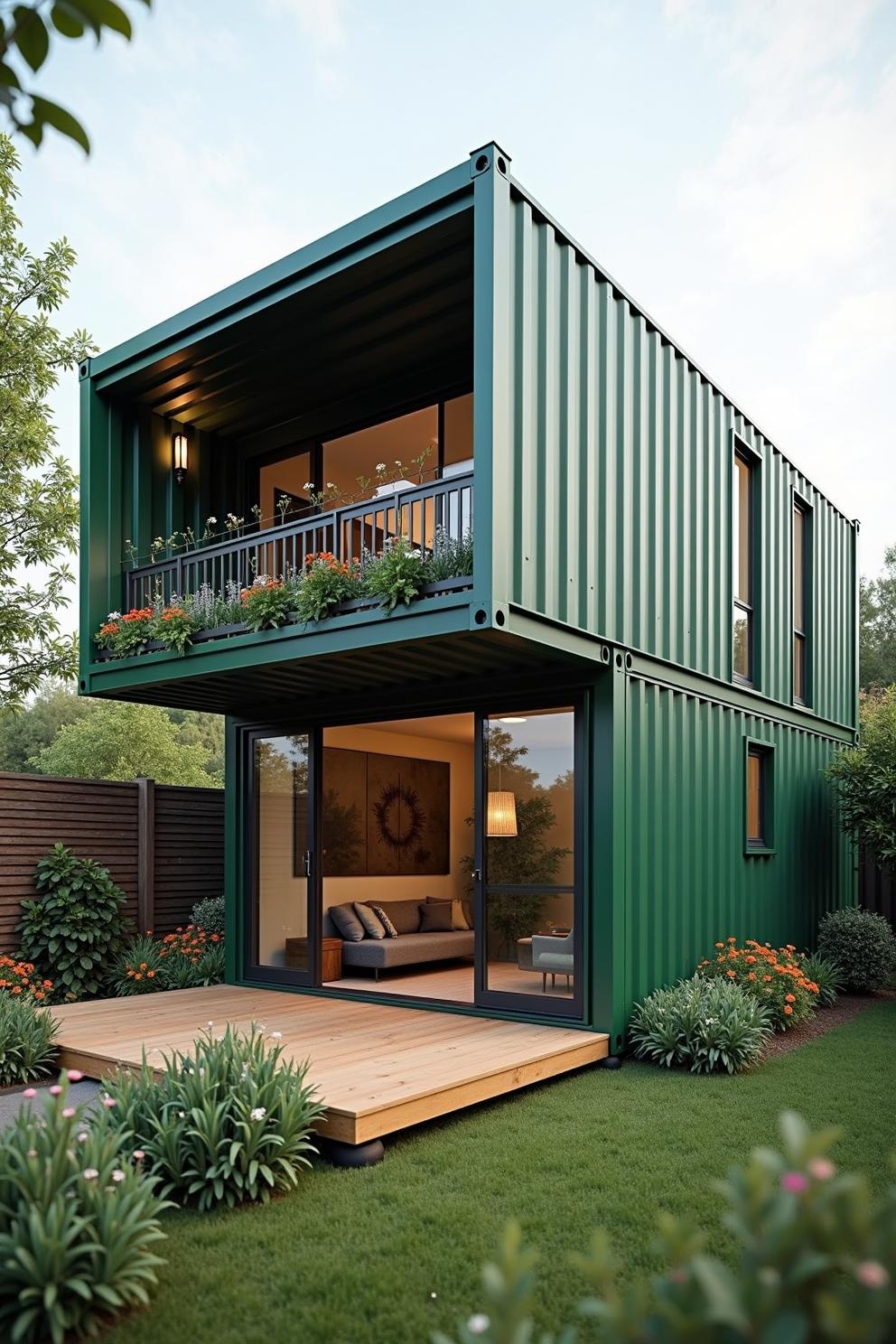 Green container house with balcony and garden